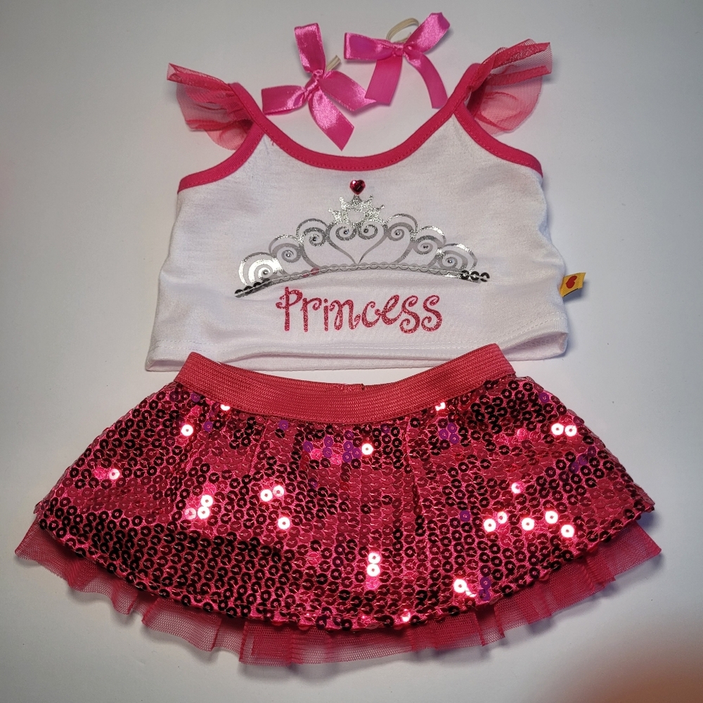 Build a Bear Outfit Pink Princess Crown Top Sequin Tulle Tutu Skirt Bows Sparkle